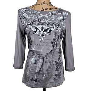 Blue Canyon Clothing Paris Eiffel Tower T Shirt Women's Small Gray 3/4 Sleeve